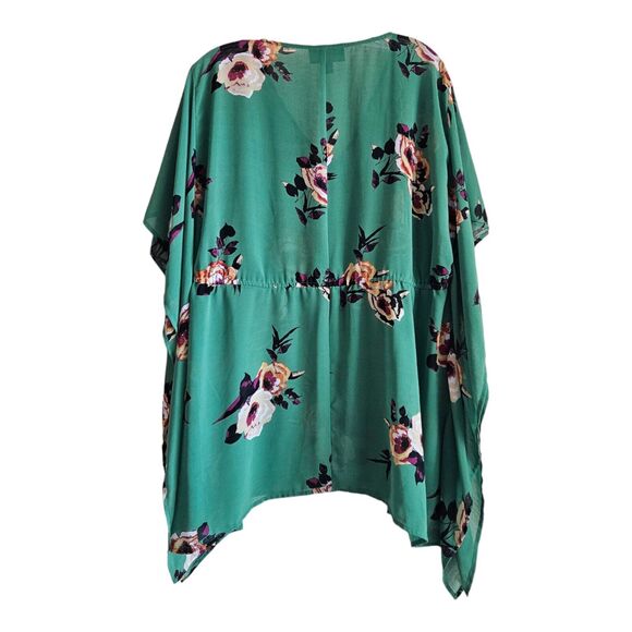 LANE BRYANT 14 16 Tunic Top Emerald Green Floral Semi Sheer Drawstring Waist - Picture 6 of 6
